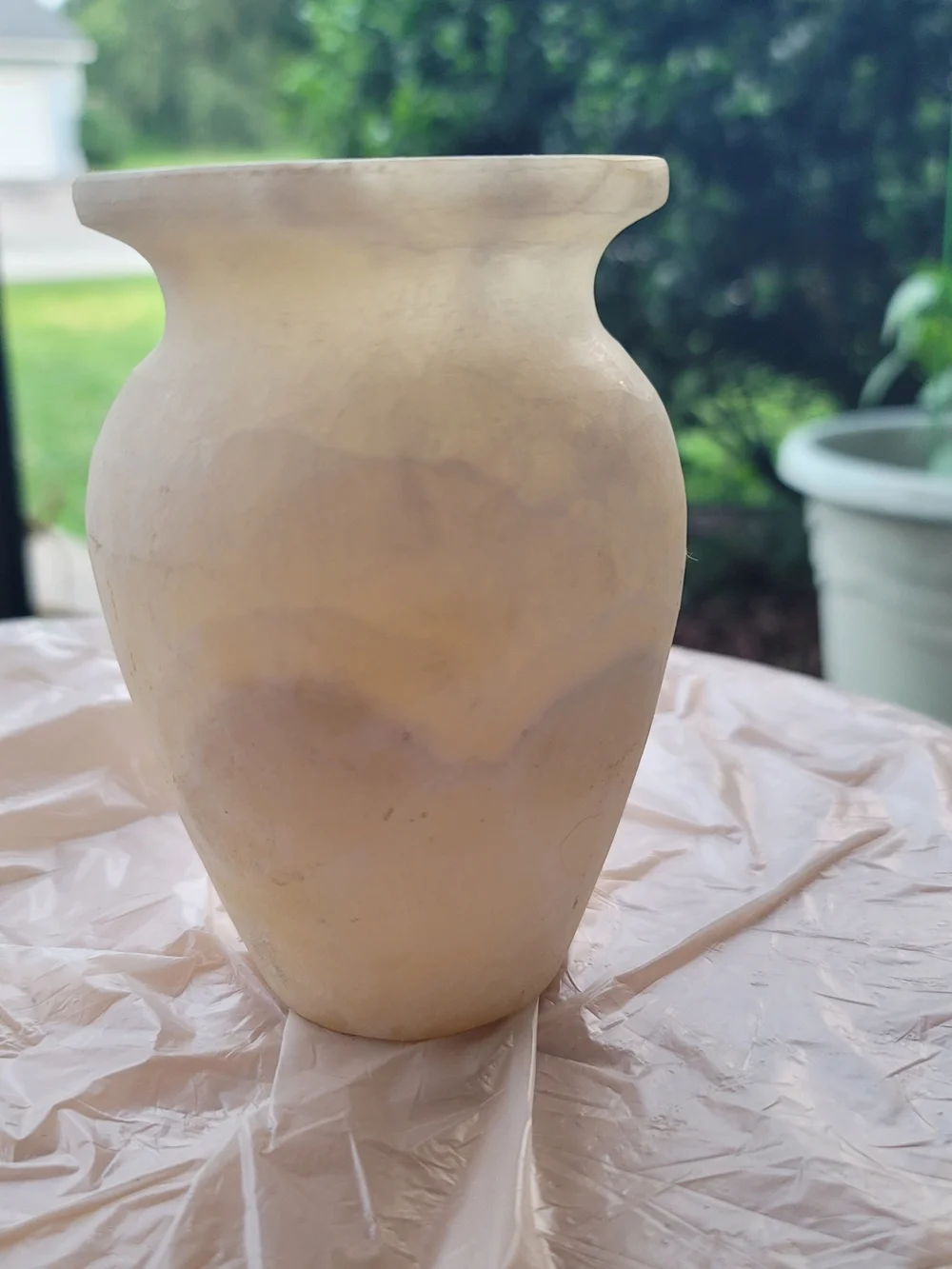 Hand Carved Stone/Alabaster Cream Low Urn Form Vase. Heavy